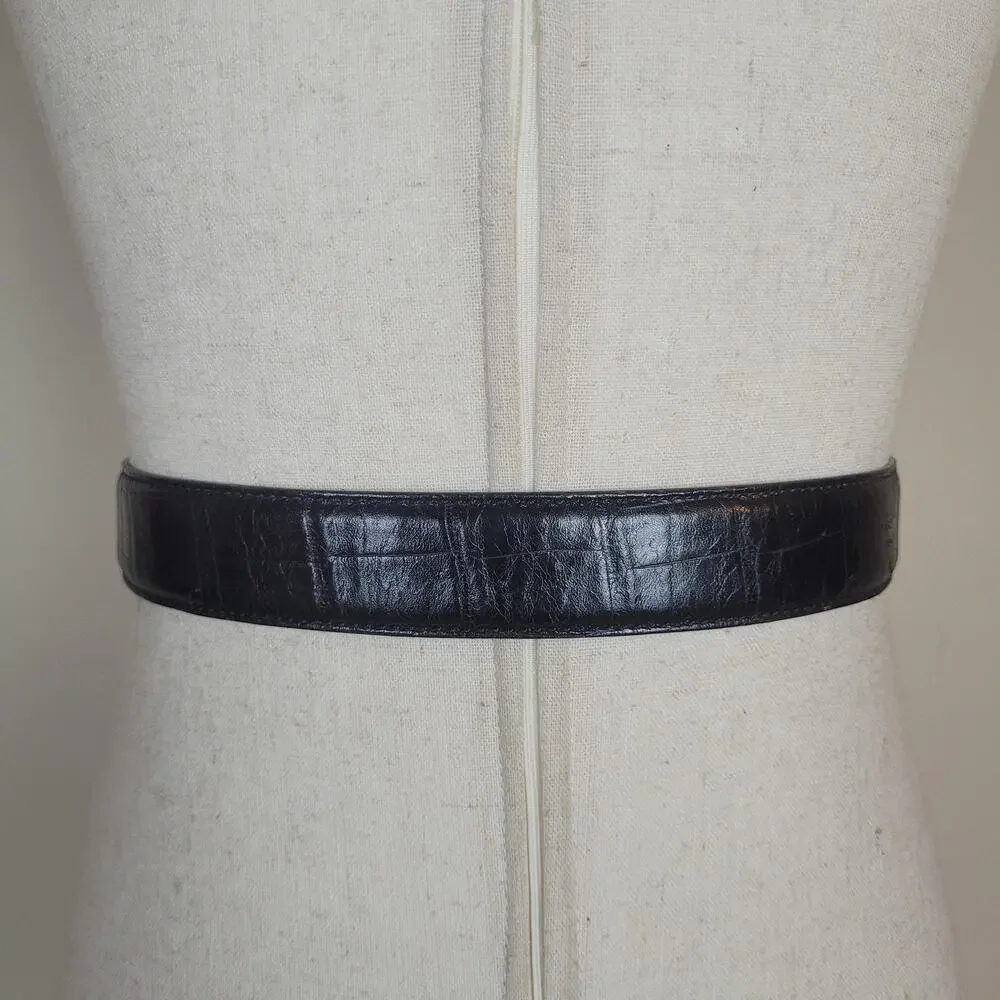 Fossil Belt Womens Med Black Leather Western Engraved Cowgirl Boho Rodeo Patina